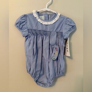 Grace & James Smocked Blue Gingham Bubble with White Lace Collar
